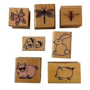 Pig Bunny Fish Butterfly Bee 7 Wood Block Rubber Stamps Rubber Stampede Anitas